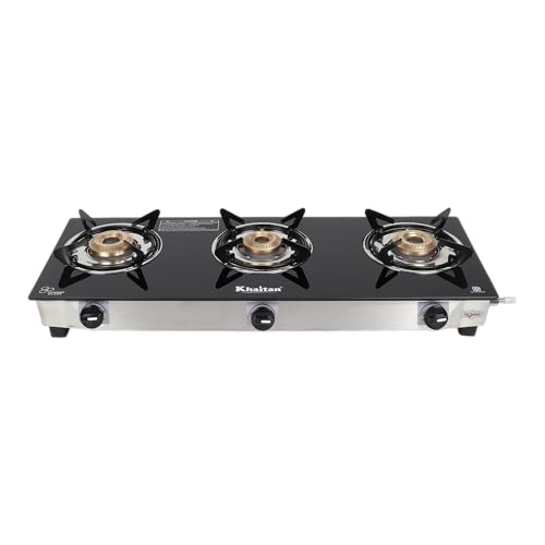 Khaitan 3 Burner Jio Black Stainless Steel | LPG Cooktop I Manual Ignition Stove| Ergonomic Knob|with 1 Year Warranty | Pan India Service| LP Gas Stove | ISI Approved (Black) (3 Burner)