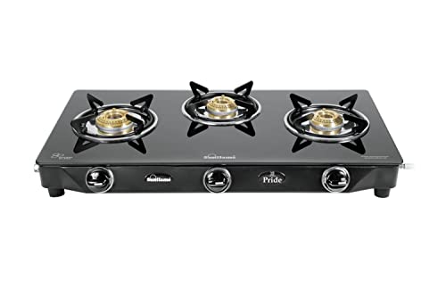 Sunflame PRIDE 3 Burner Gas Stove, Manual Ignition with Toughened Glass Top, Powder Coated GP Sheet Base Body, 3 Brass Burners (Black)