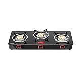 Pigeon by Stovekraft Aster 3 Burner Gas Stove with High Powered Brass Burner Gas Cooktop, Cooktop with Glass Top and Powder Coated Body, Black, Manual Ignition, Standard (14267)