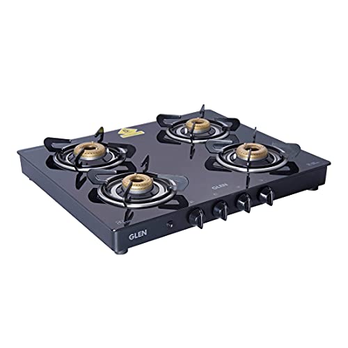 Glen 4 Burner LPG Glass Gas Stove with Forged Brass Burner Auto Ignition Cooktop, Black (1041 GT FB BL AI)