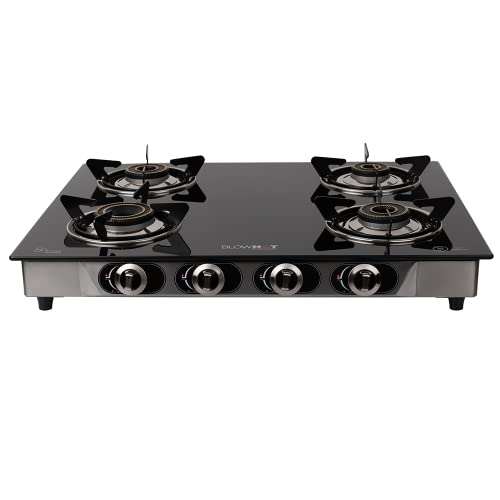 BlowHot Jasper Heavy Brass 4 Burner Auto Ignition Gas Stove | Toughened Glass Cooktop - Stainless Steel Frame - 1 Year General Warranty (Burner, Gas Valve and Glass - 2 Years) (Black)