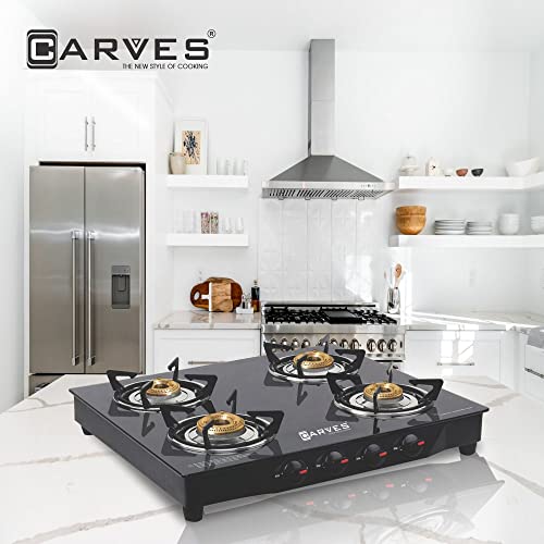 CARVES ECO 4 Burner Gas Stove with Toughened Glass Top 7mm, Manual Ignition, 4 Brass Burners, (2 Year Warranty) Black,ISI Certified