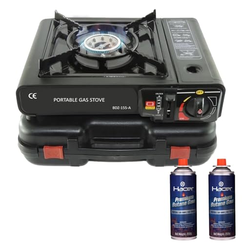 Hacer Portable Camping Stove with Butane Gas Cylinder, Lightweight Gas Burner with Carrying Case for Outdoor, Hiking, Trekking & Outdoor Travel (Random, Stove with 2 Butane Refill)