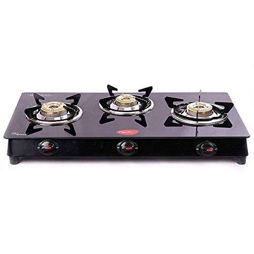Pigeon Aster 3 Burner Gas Stove with High Powered Brass Burner Gas Cooktop, Cooktop with Glass Top and Powder Coated Body, black, standard (14267)