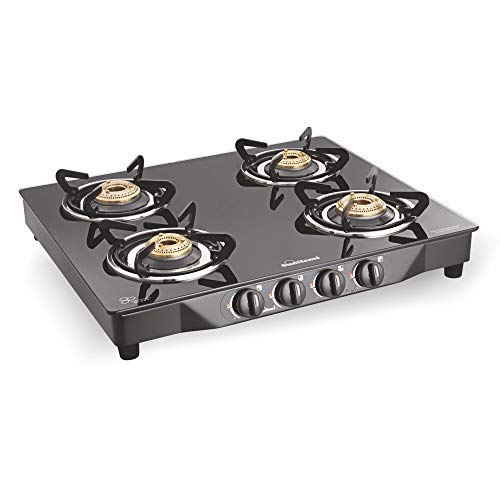 Sunflame Pearl Glass Top 4 Burner Gas Stove, Manual Ignition, Black