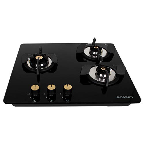 Faber Hob/Hobtop 3 Brass Burner Auto Electric Ignition Glass Top (Maxus HT603 CRS BR CI AI) Black