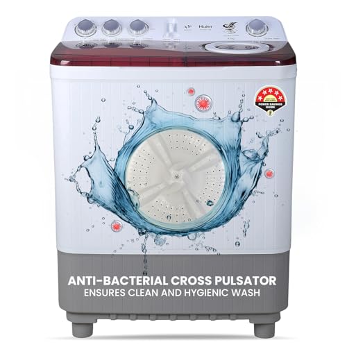 Haier 9 Kg 5 Star Semi Automatic Top Load Washing Machine with Oxyi Dry Technology and Spray Function, Anti Bactrerial Vortex Pulsator (HTW90-186, Anti Rat mesh, Magic Filter, Castors, Burgundy)
