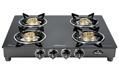 Sunflame PRIDE 4 Burner Gas Stove, Manual Ignition with Toughened Glass Top, Powder Coated GP Sheet Base Body, 4 Brass Burners (Black)