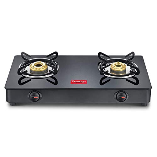 Prestige IRIS Toughened Glass-Top 2 Brass Burner LPG Gas Stove | Black | Spill Proof | Ergonomic Knobs | Tri-Pin Brass Burners |Open