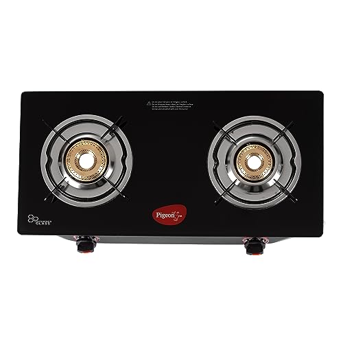 Pigeon Aster Gas Stove 2 Burner with High Powered Brass Burner, Gas Cooktop with Glass Top and Powder Coated Body, black, standard (14266)