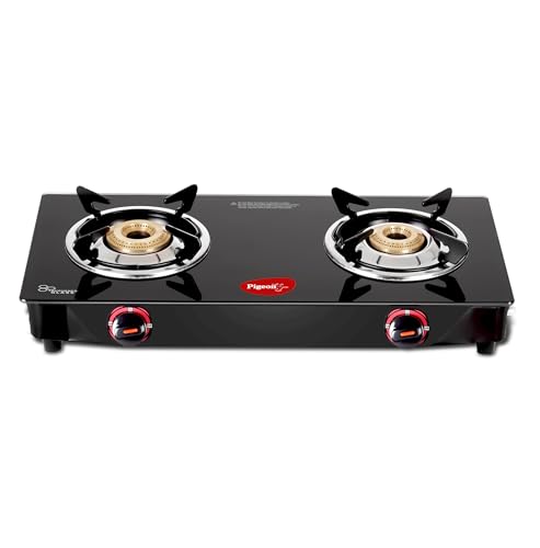 Pigeon Aster Gas Stove 2 Burner with High Powered Brass Burner, Gas Cooktop with Glass Top and Powder Coated Body, black, standard (14266)